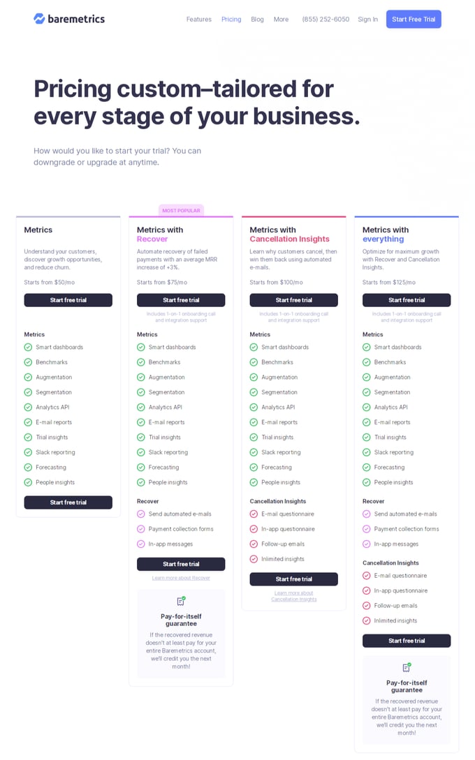 saas naming pricing plans - bare metrics example
