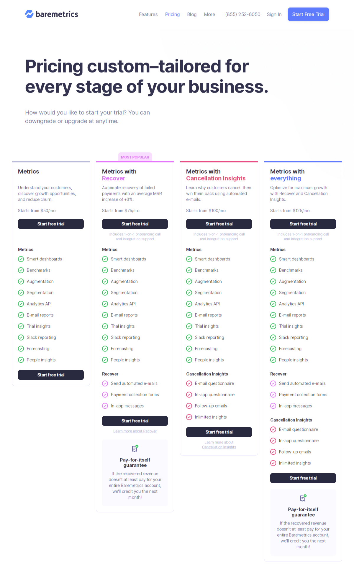 saas naming pricing plans - bare metrics example
